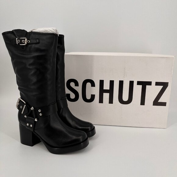 Schutz Kiara Block Heel Boots Size 8.5B Black Leather Square Toe Slip On - Picture 2 of 16